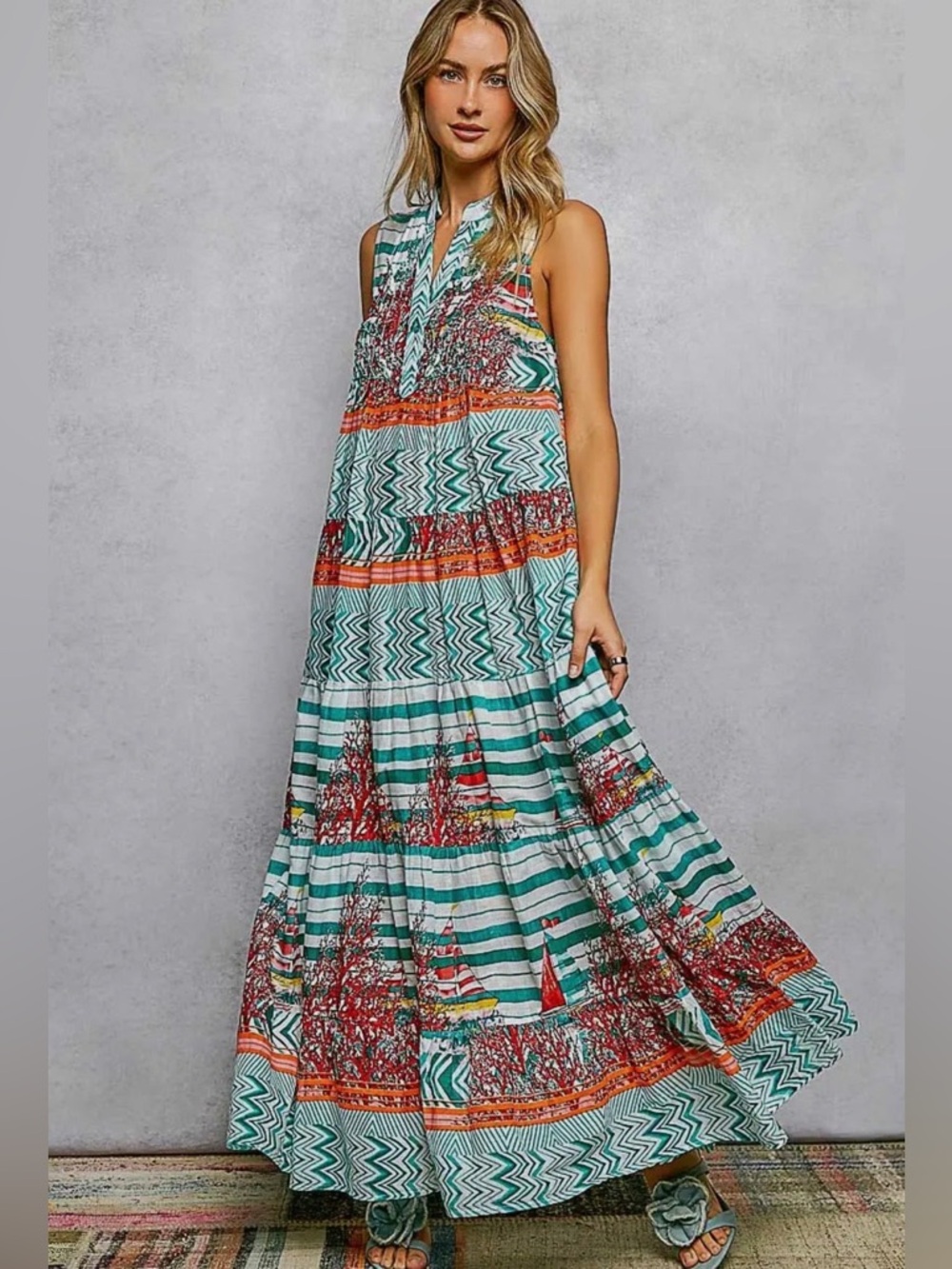 POL Coral Reef Elegance Dress with Aztec Print Shell and Sequin Details Boats